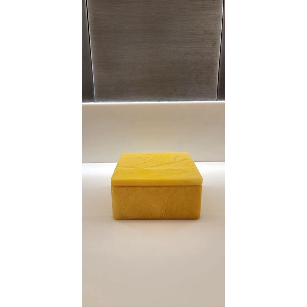 Volterra Alabaster Yellow Mustard Stone Trivet Dish Box Italian Made Trinket VTG